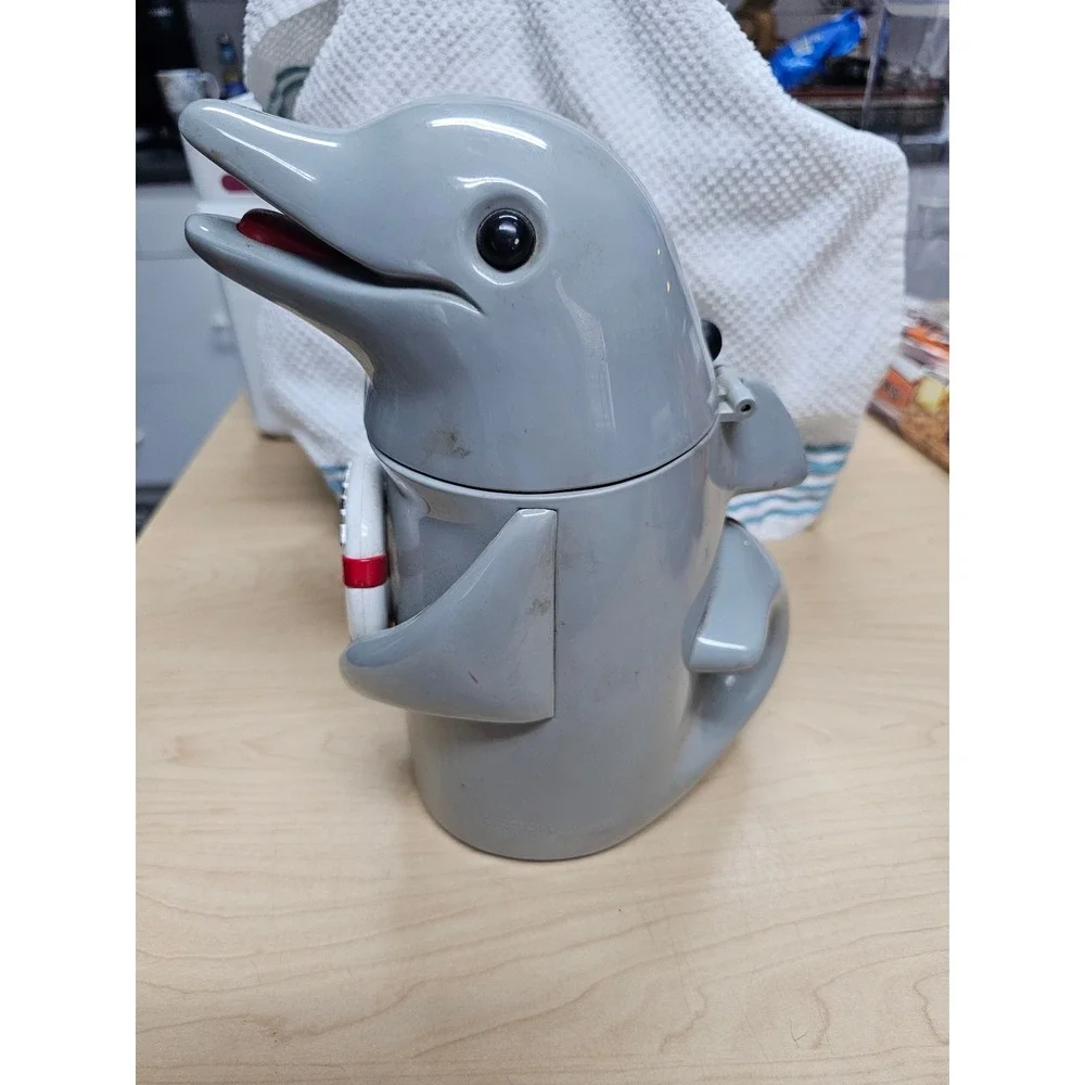 Vintage Dolphin Cookie Jar Gray Plastic Nautical Ocean Life Ring Kitchen Decor